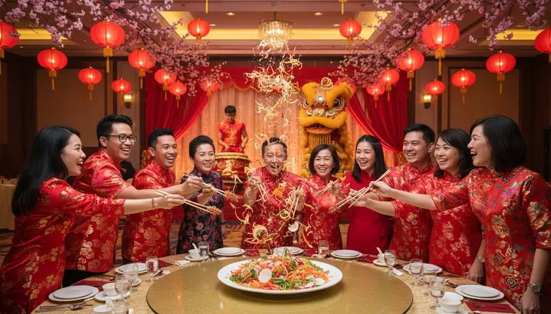 Chinese New Year entertainment in Singapore: colleagues tossing yusheng together at a company dinner