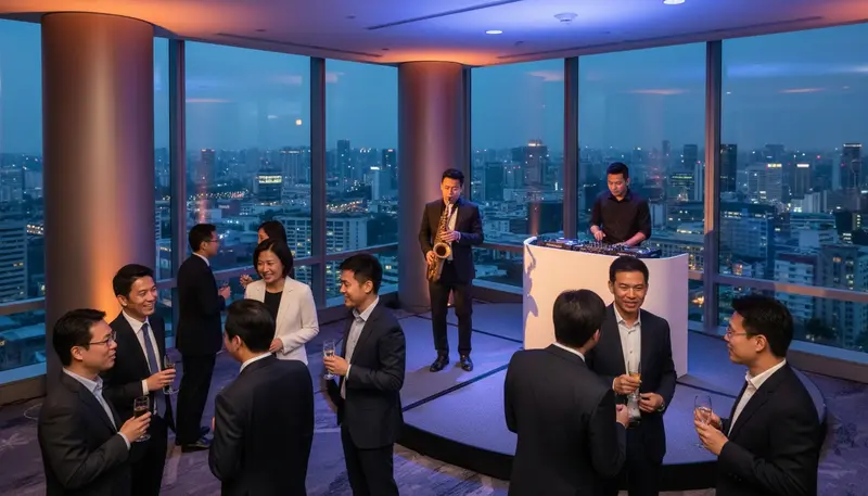 Corporate event entertainment in Singapore: a saxophonist and a DJ playing for colleagues at a company evening event