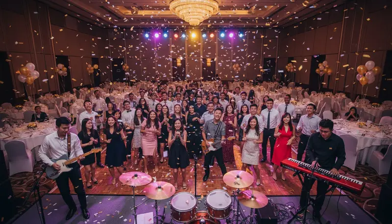 Dinner and dance entertainment in Singapore: staff dancing to a live band on the dance floor of a company dinner and dance