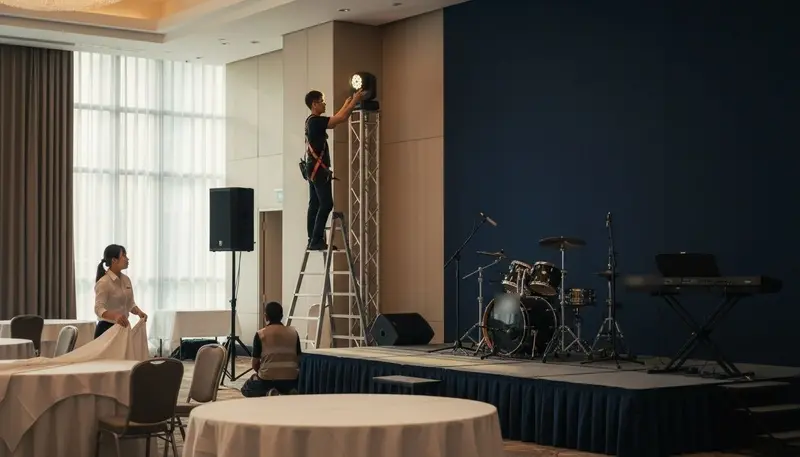 Event entertainment cost in Singapore: a hotel ballroom being prepared with stage lights and sound before a company dinner