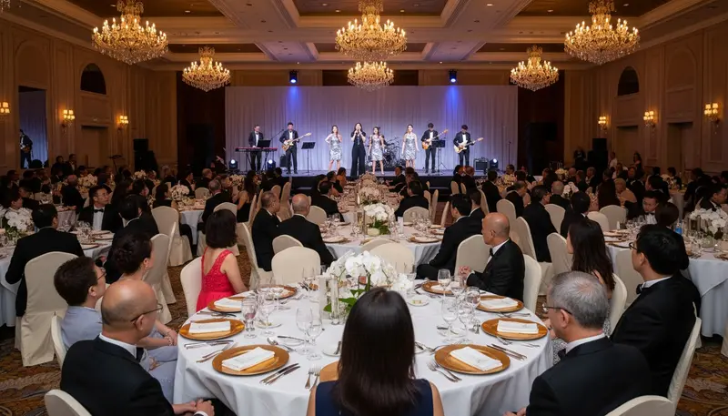 Event entertainment in Singapore: a live band and dancers on stage at a corporate gala dinner in a hotel ballroom