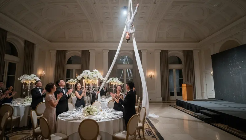 Gala dinner entertainment in Singapore: an aerial silk performer above the tables at an awards night