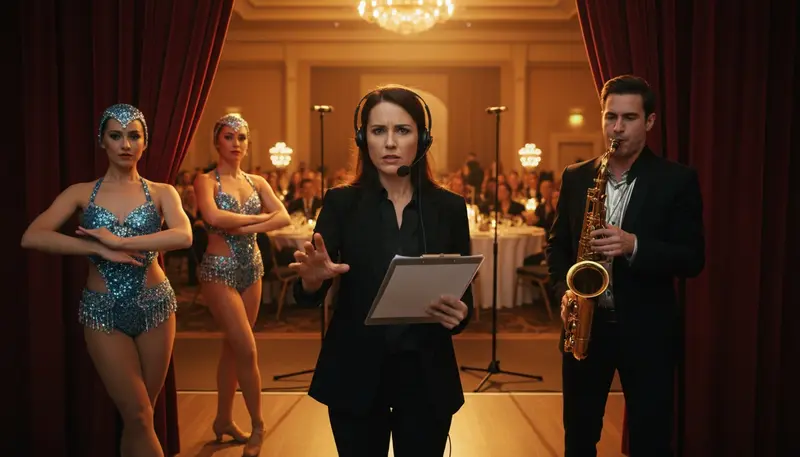 Planning event entertainment in Singapore: a stage manager with a headset cueing performers backstage at a ballroom event