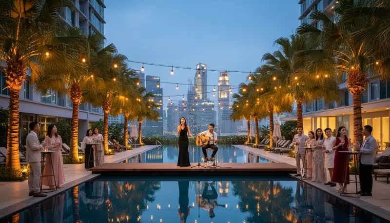 Private party entertainment in Singapore: a singer and guitarist performing at an evening party by a condominium pool