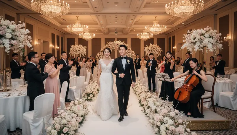 Wedding entertainment in Singapore: a string duo playing as the couple enter a hotel wedding banquet